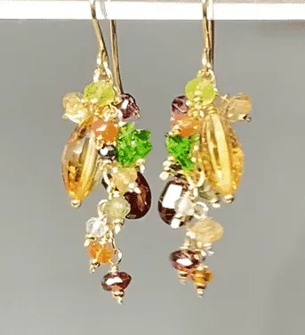 Citrine Dangle Earrings with Multi Gemstone Cluster, Garnet, Opal, Chrome Diopside