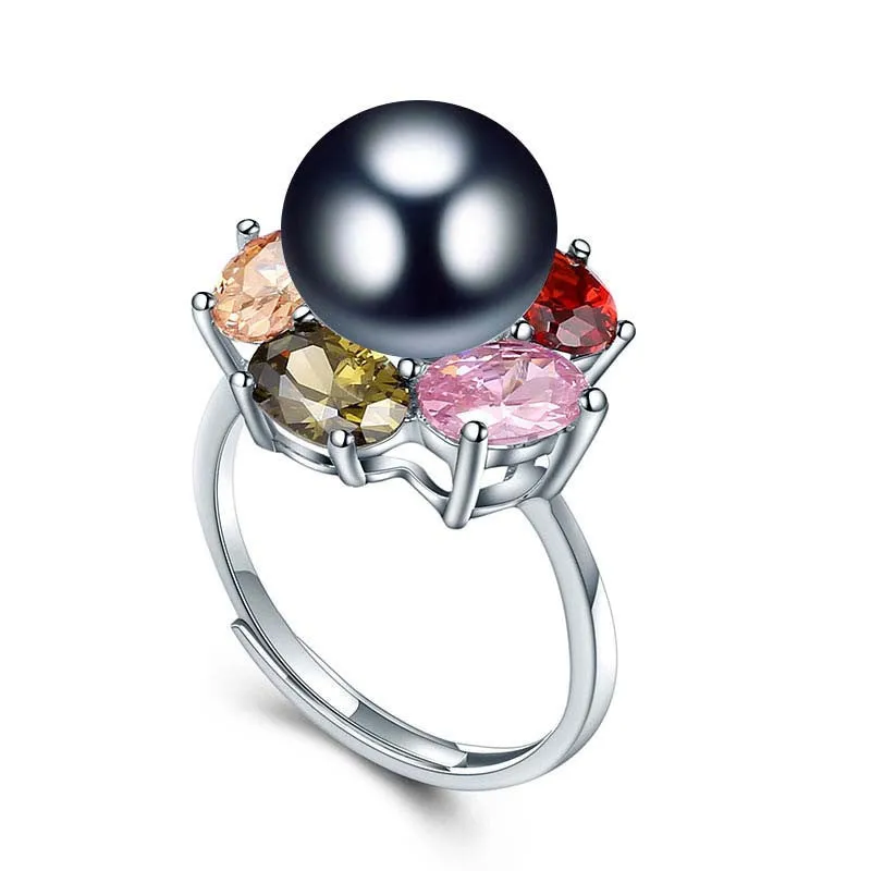 Colorful Flower Wedding Rings High Quality 925 Sterling Silver Jewelry Natural Big Pearl Adjustable Rings For Women