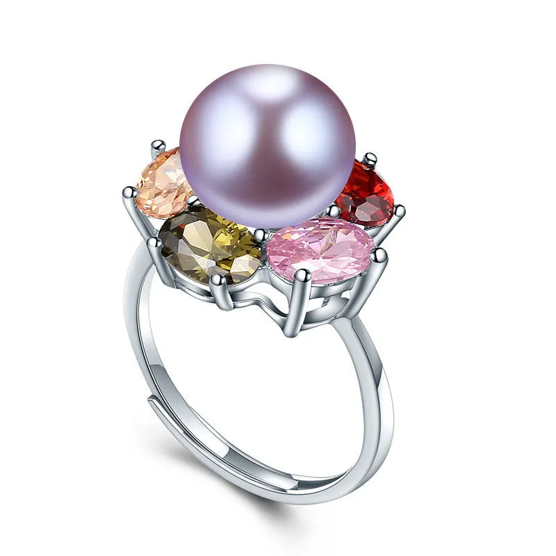 Colorful Flower Wedding Rings High Quality 925 Sterling Silver Jewelry Natural Big Pearl Adjustable Rings For Women