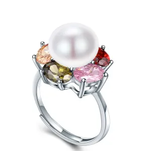Colorful Flower Wedding Rings High Quality 925 Sterling Silver Jewelry Natural Big Pearl Adjustable Rings For Women