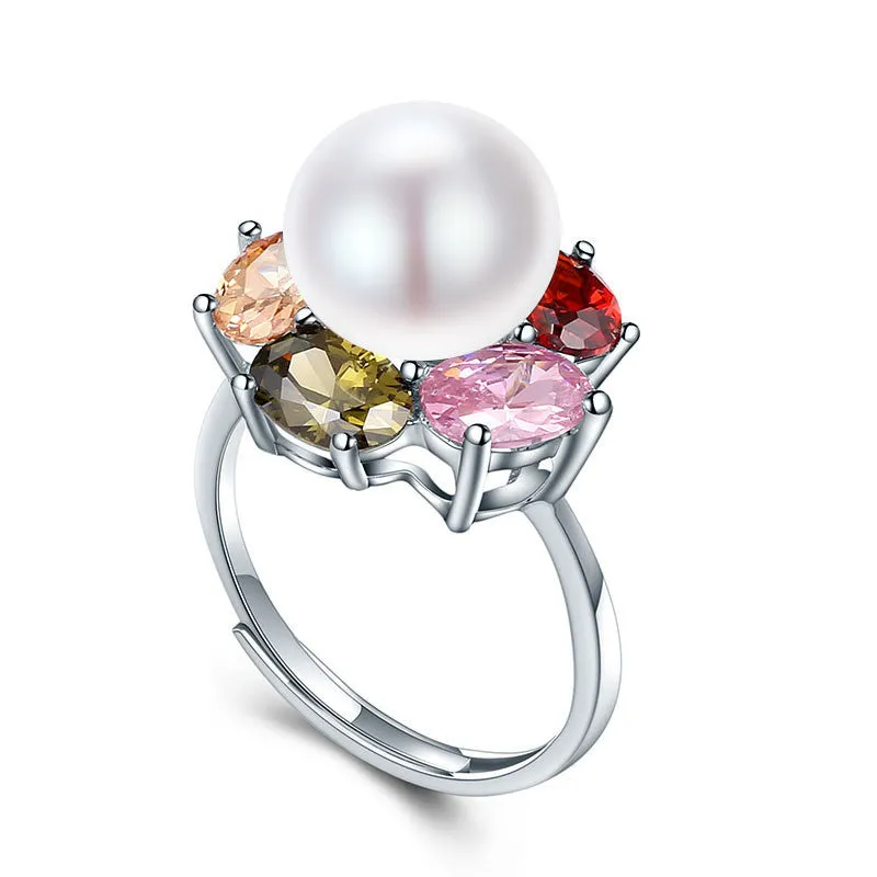 Colorful Flower Wedding Rings High Quality 925 Sterling Silver Jewelry Natural Big Pearl Adjustable Rings For Women