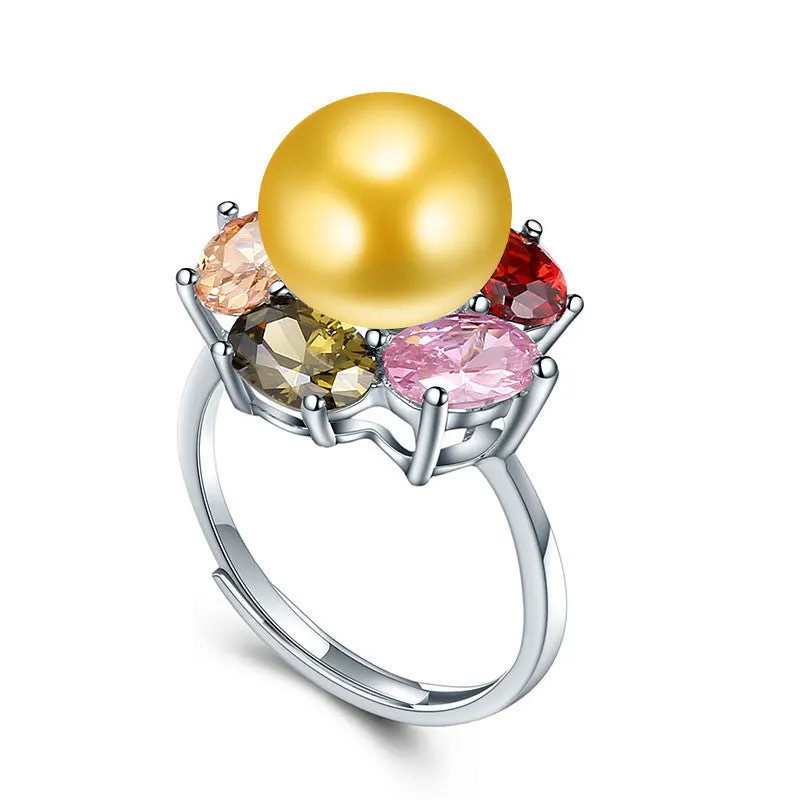 Colorful Flower Wedding Rings High Quality 925 Sterling Silver Jewelry Natural Big Pearl Adjustable Rings For Women
