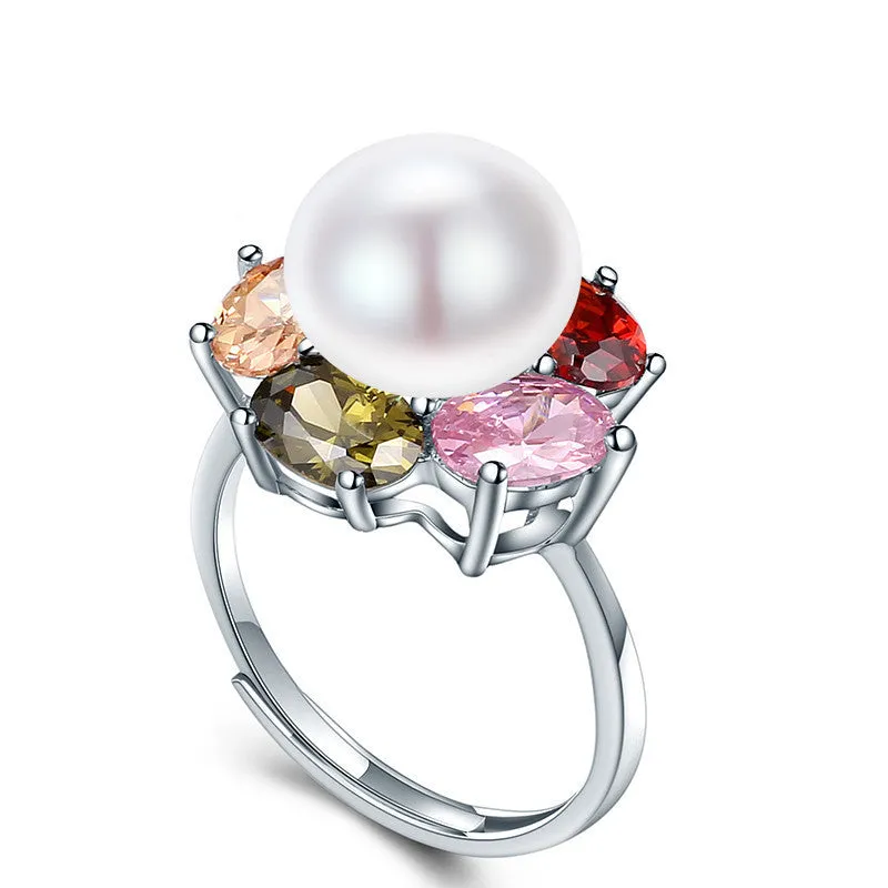 Colorful Flower Wedding Rings High Quality 925 Sterling Silver Jewelry Natural Big Pearl Adjustable Rings For Women