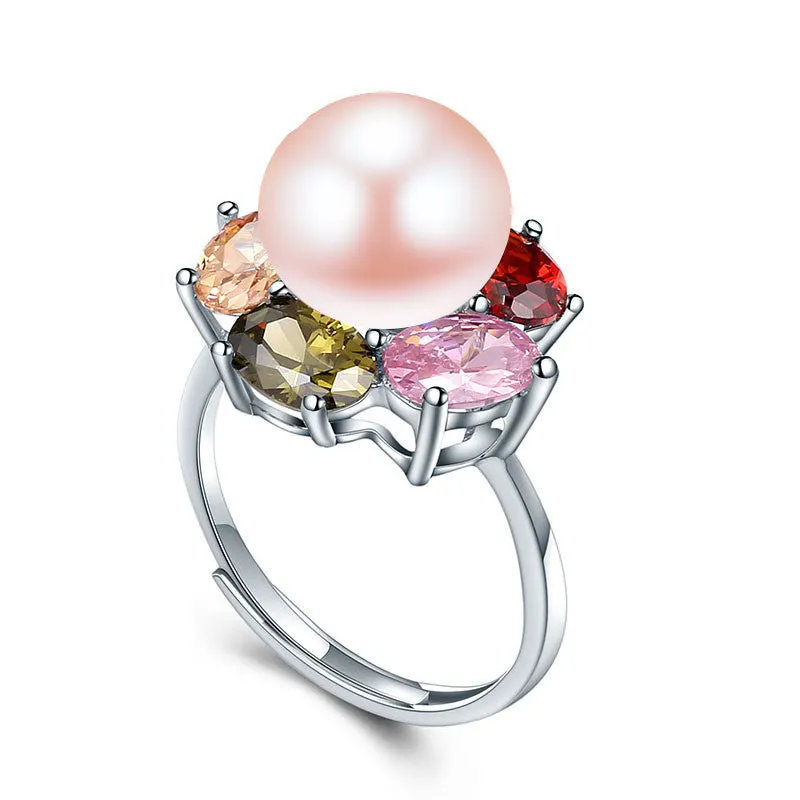 Colorful Flower Wedding Rings High Quality 925 Sterling Silver Jewelry Natural Big Pearl Adjustable Rings For Women