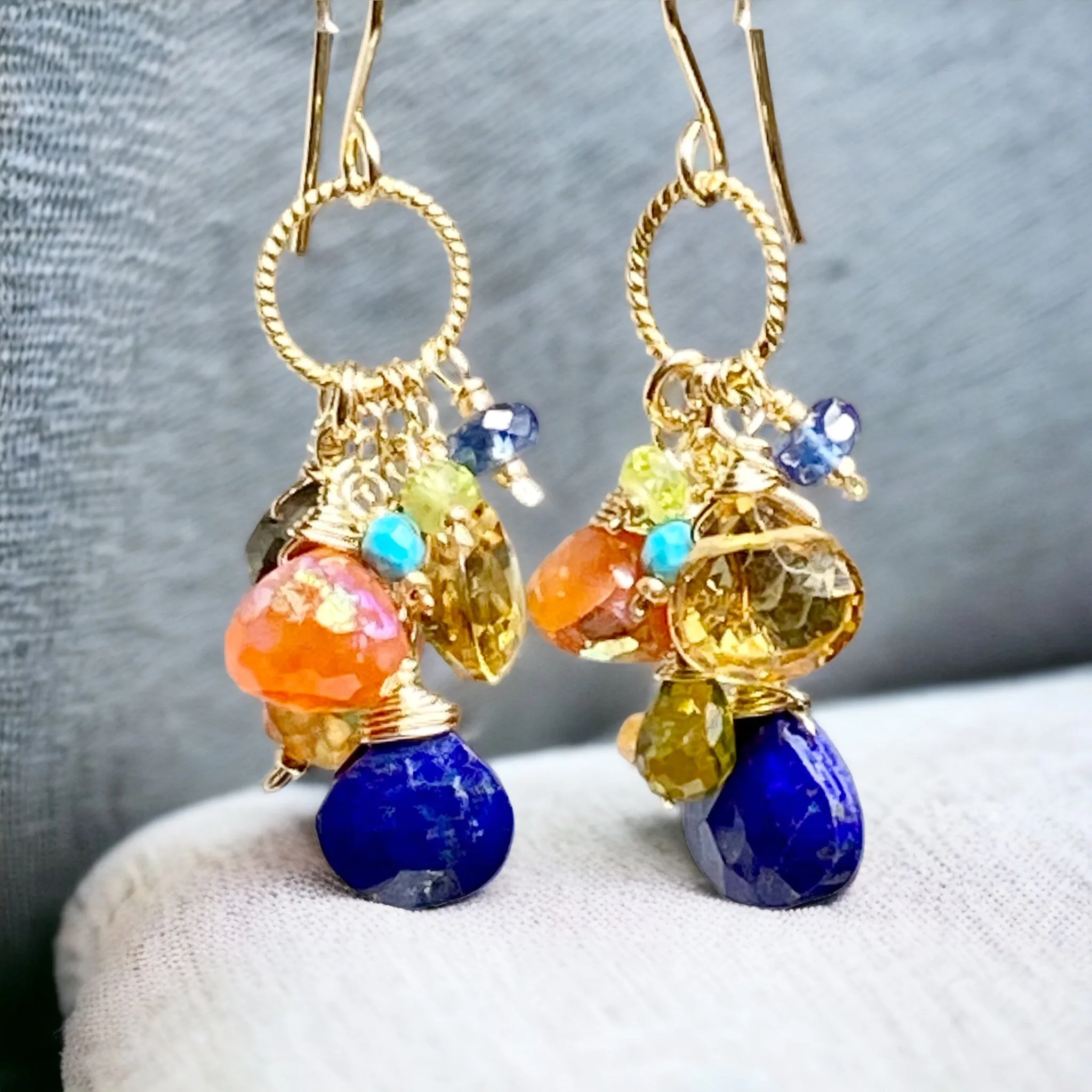 Colorful Gemstone Gold Dangle Earrings Citrine Blue Lapis Carnelian 2