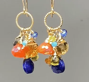 Colorful Gemstone Gold Dangle Earrings Citrine Blue Lapis Carnelian 2