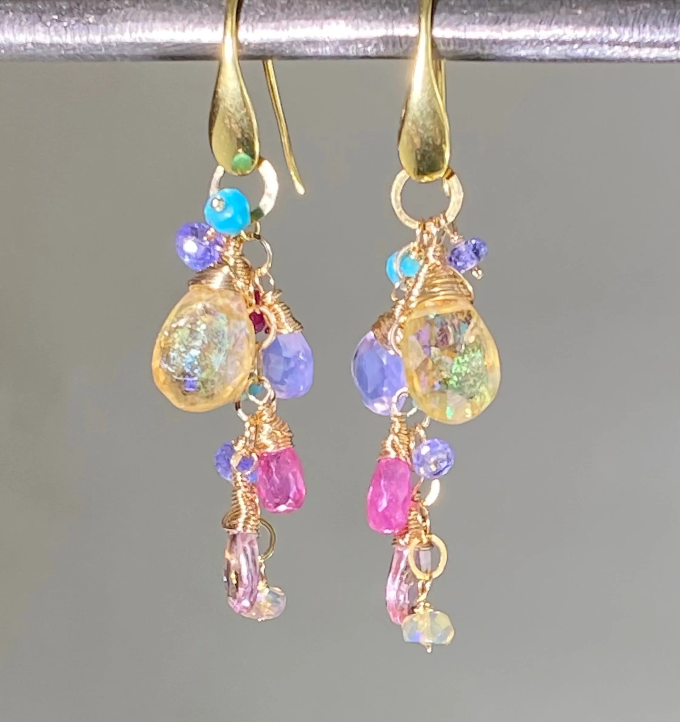 Colorful Gemstone Long Dangle Earrings Gold Mystic Citrine Lavender Opal Pink Sapphire