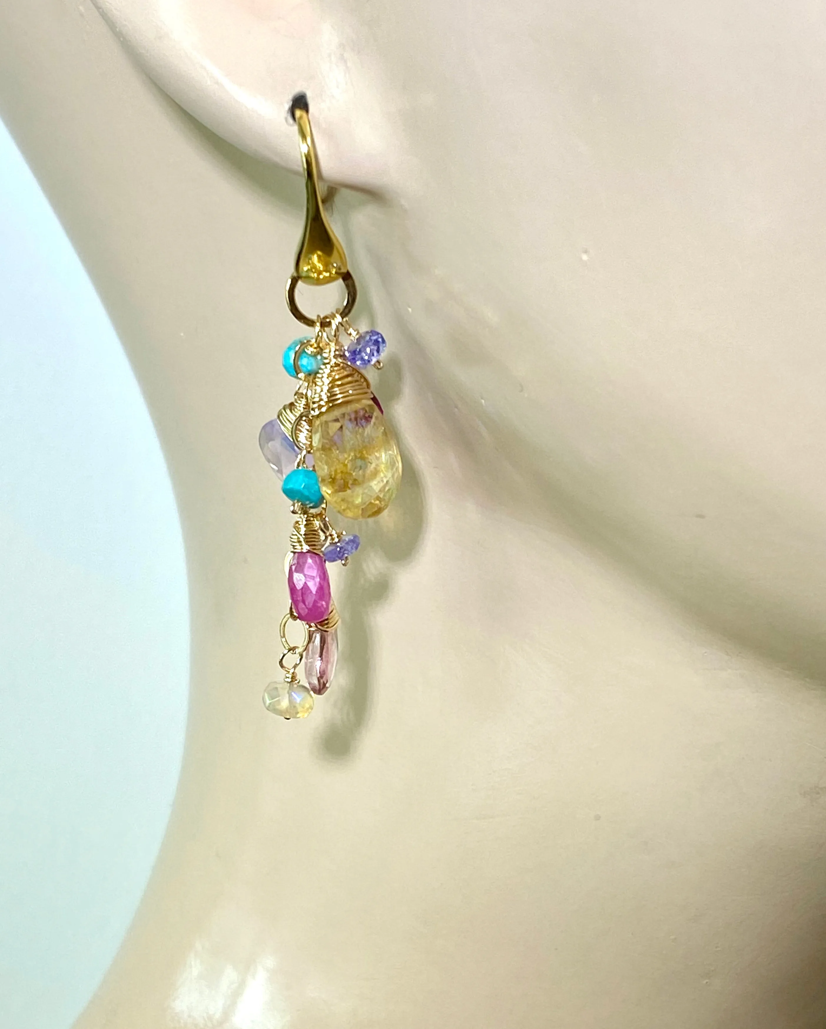 Colorful Gemstone Long Dangle Earrings Gold Mystic Citrine Lavender Opal Pink Sapphire