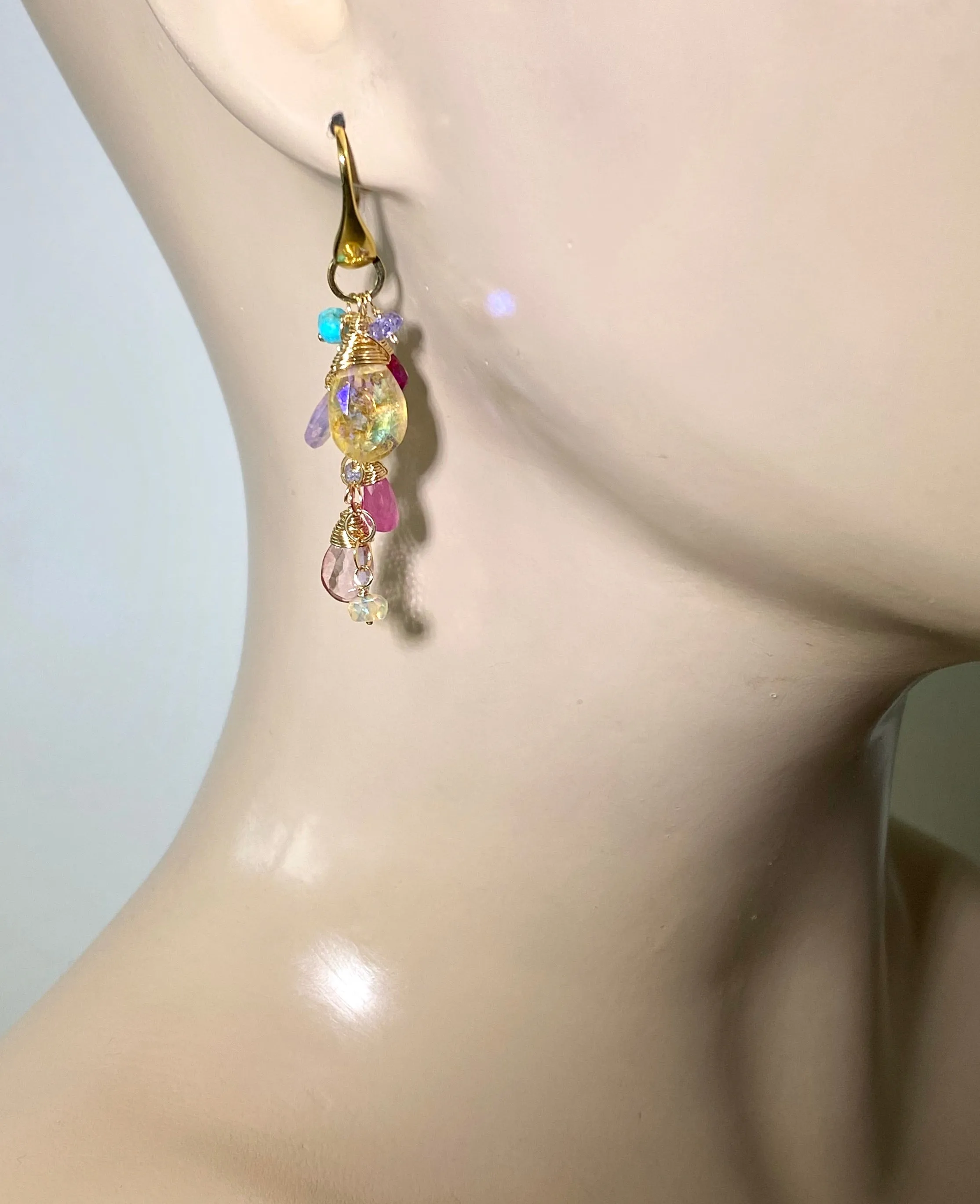 Colorful Gemstone Long Dangle Earrings Gold Mystic Citrine Lavender Opal Pink Sapphire