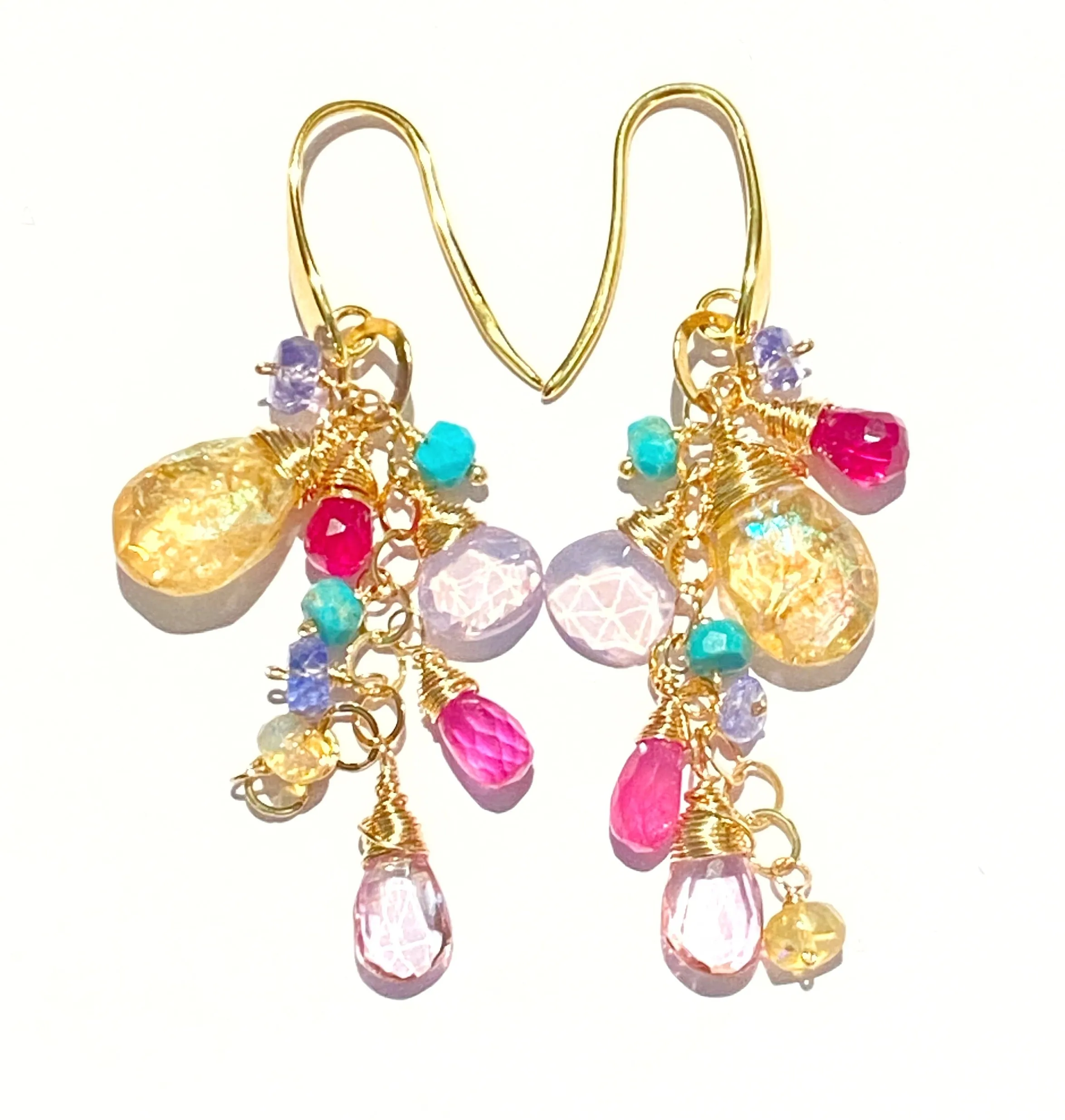 Colorful Gemstone Long Dangle Earrings Gold Mystic Citrine Lavender Opal Pink Sapphire