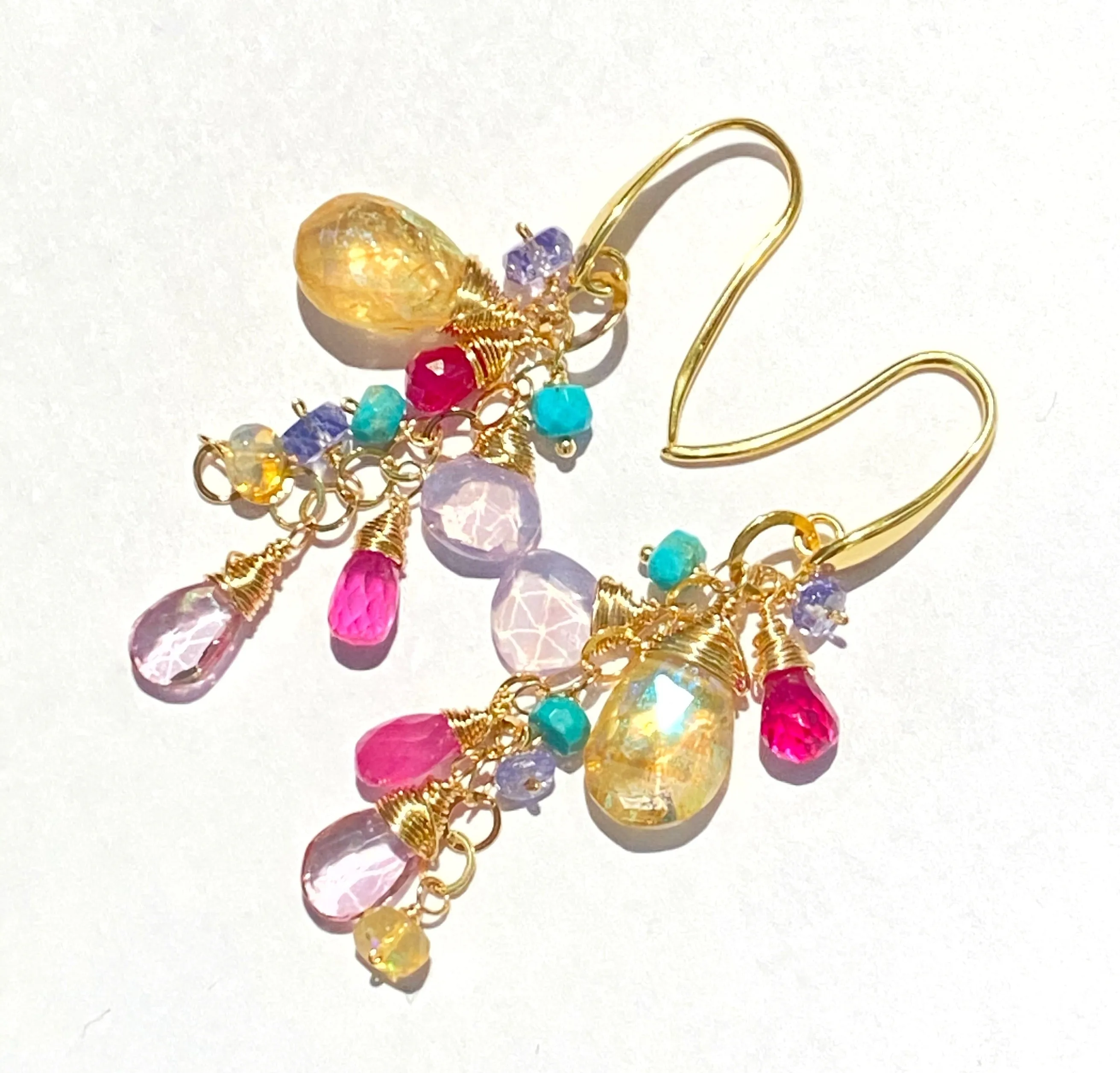 Colorful Gemstone Long Dangle Earrings Gold Mystic Citrine Lavender Opal Pink Sapphire