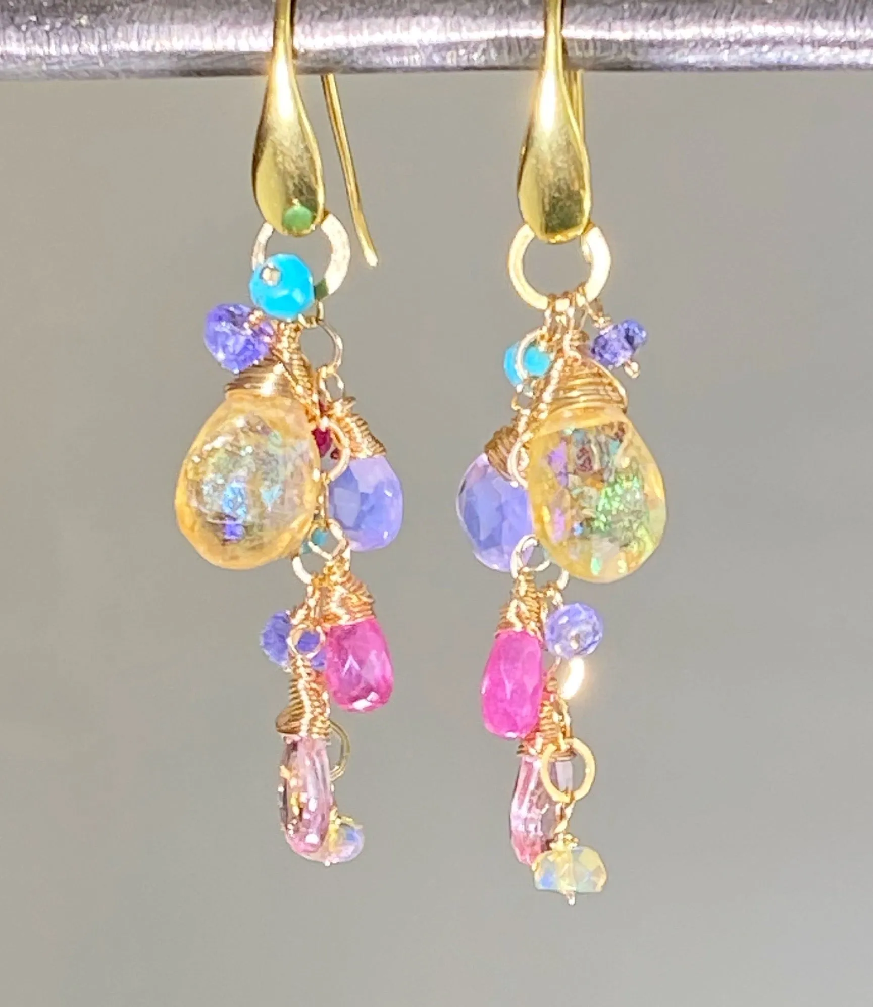 Colorful Gemstone Long Dangle Earrings Gold Mystic Citrine Lavender Opal Pink Sapphire