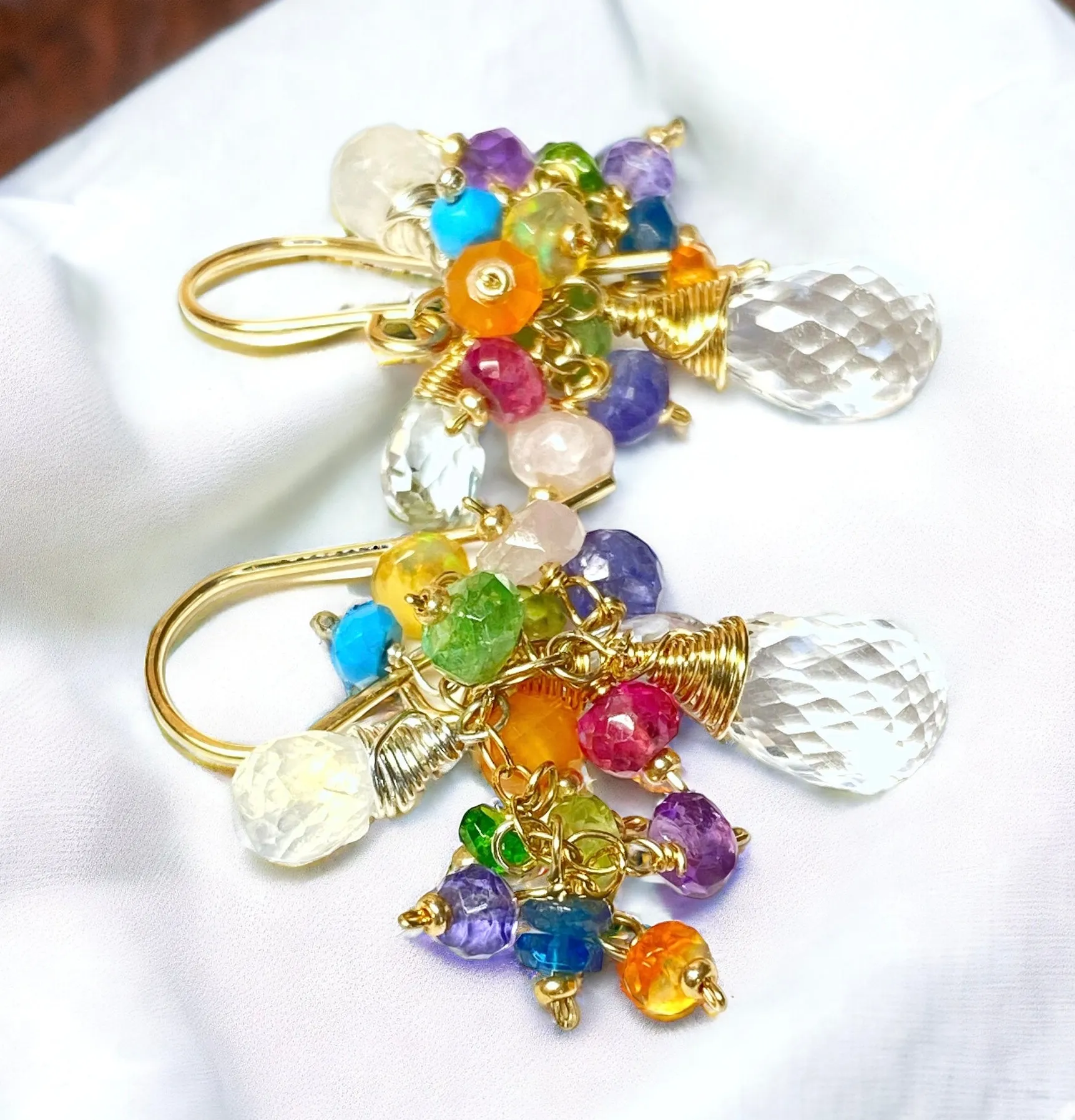 Crystal Quartz Dangle Earrings with Multi Gemstone Cluster 5