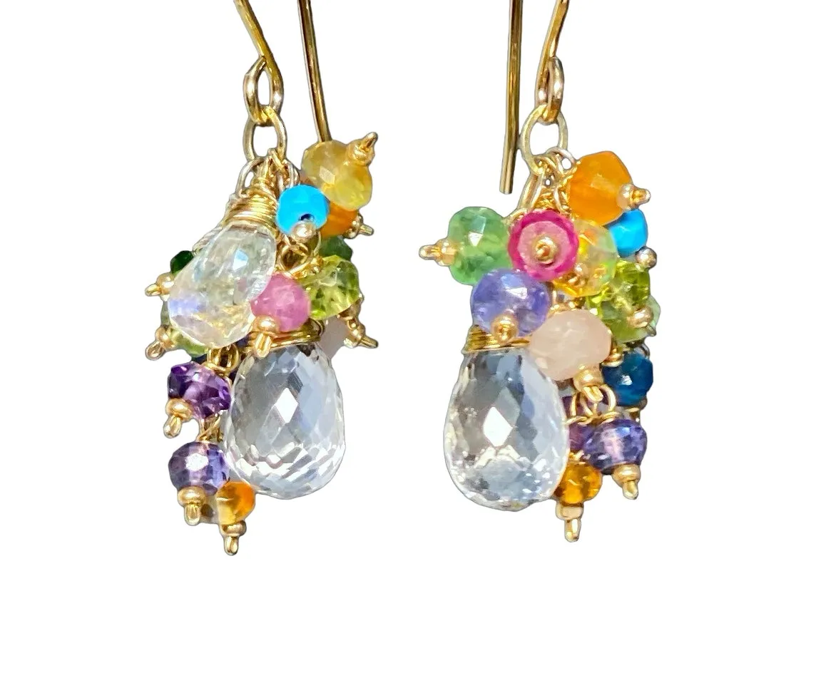 Crystal Quartz Dangle Earrings with Multi Gemstone Cluster 5