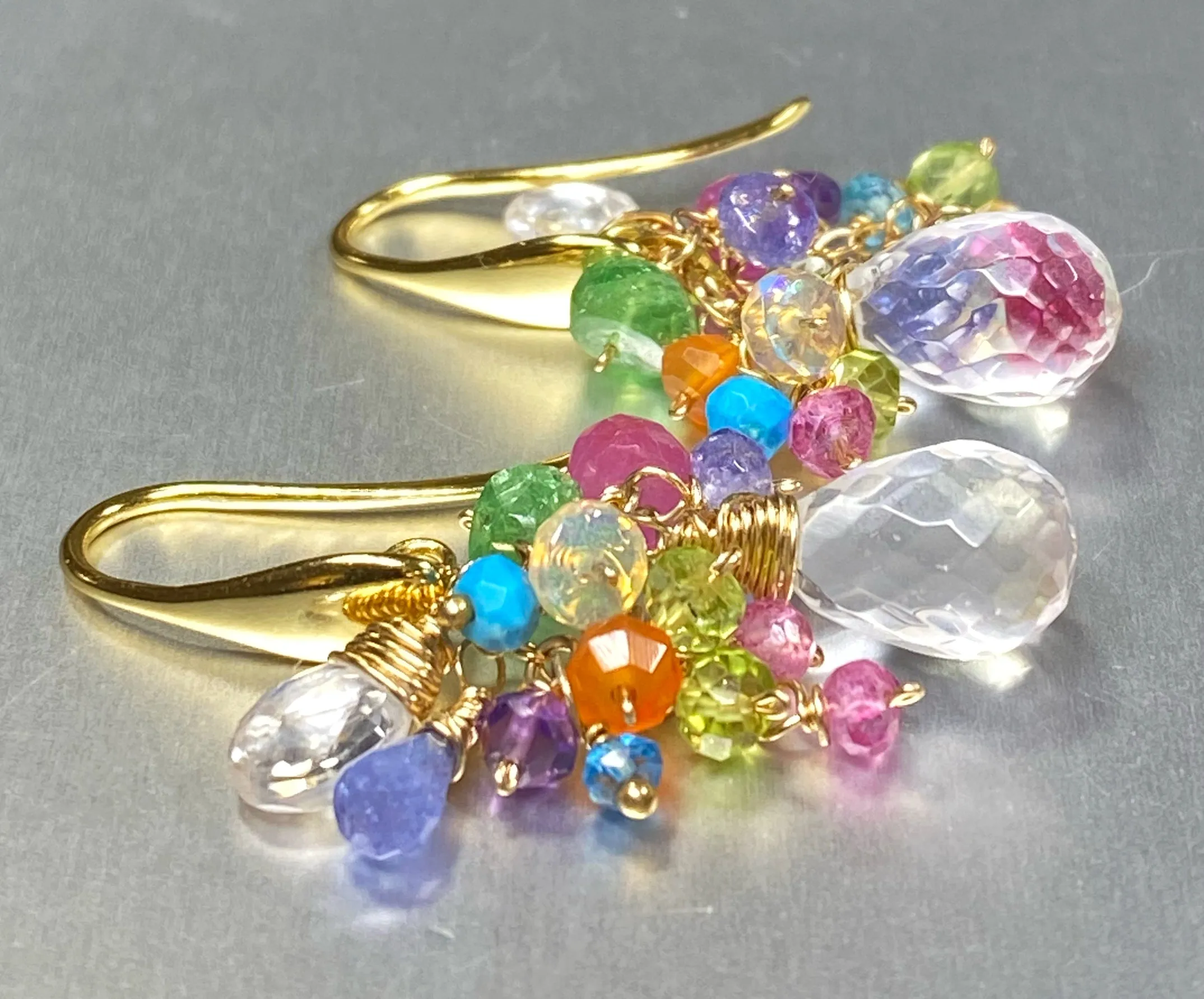 Crystal Quartz Dangle Earrings with Multi Gemstone Cluster 5