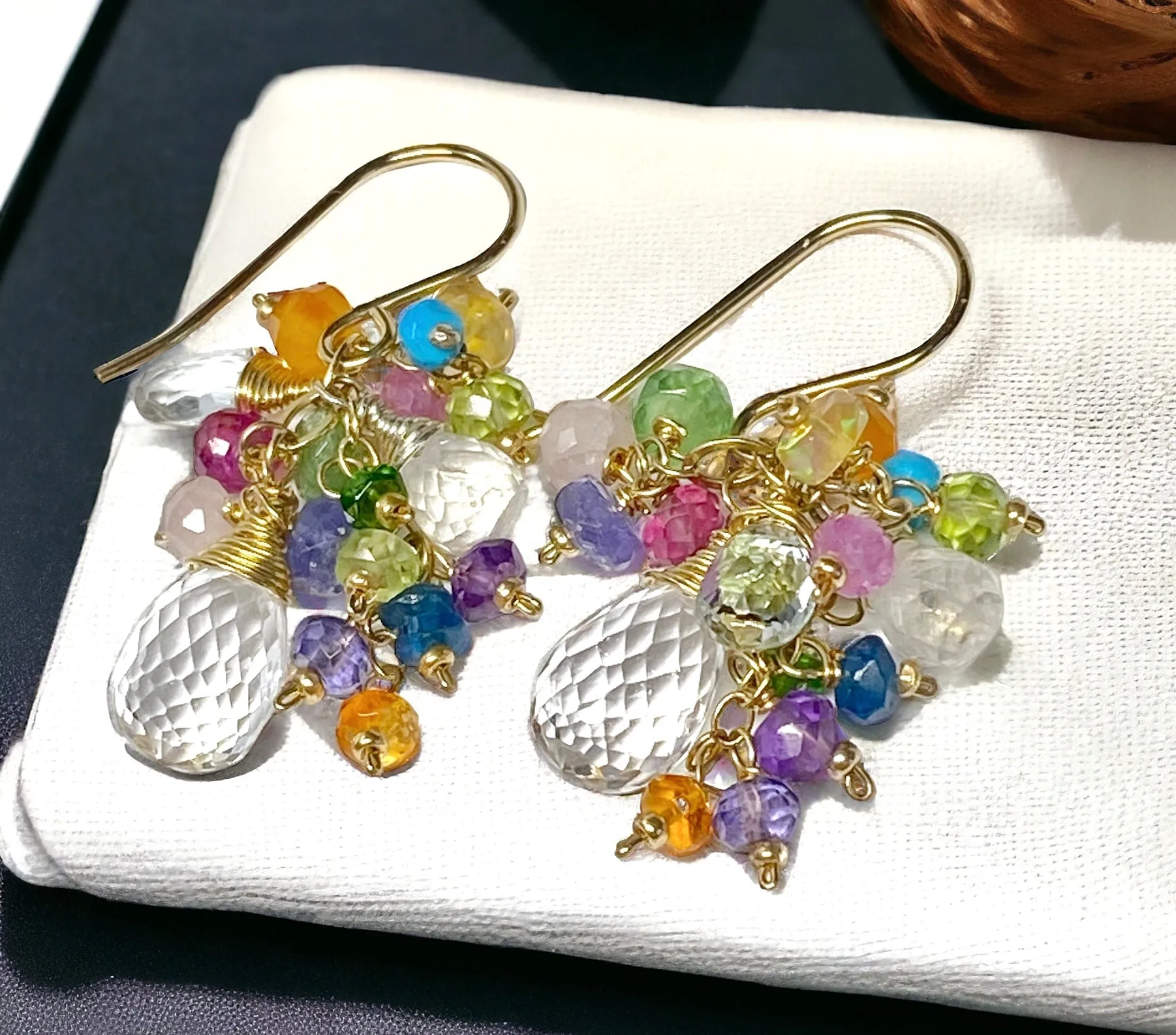 Crystal Quartz Dangle Earrings with Multi Gemstone Cluster 5