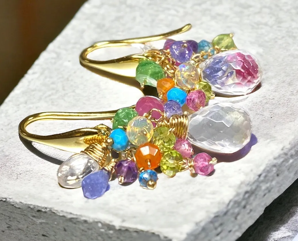 Crystal Quartz Dangle Earrings with Multi Gemstone Cluster 5