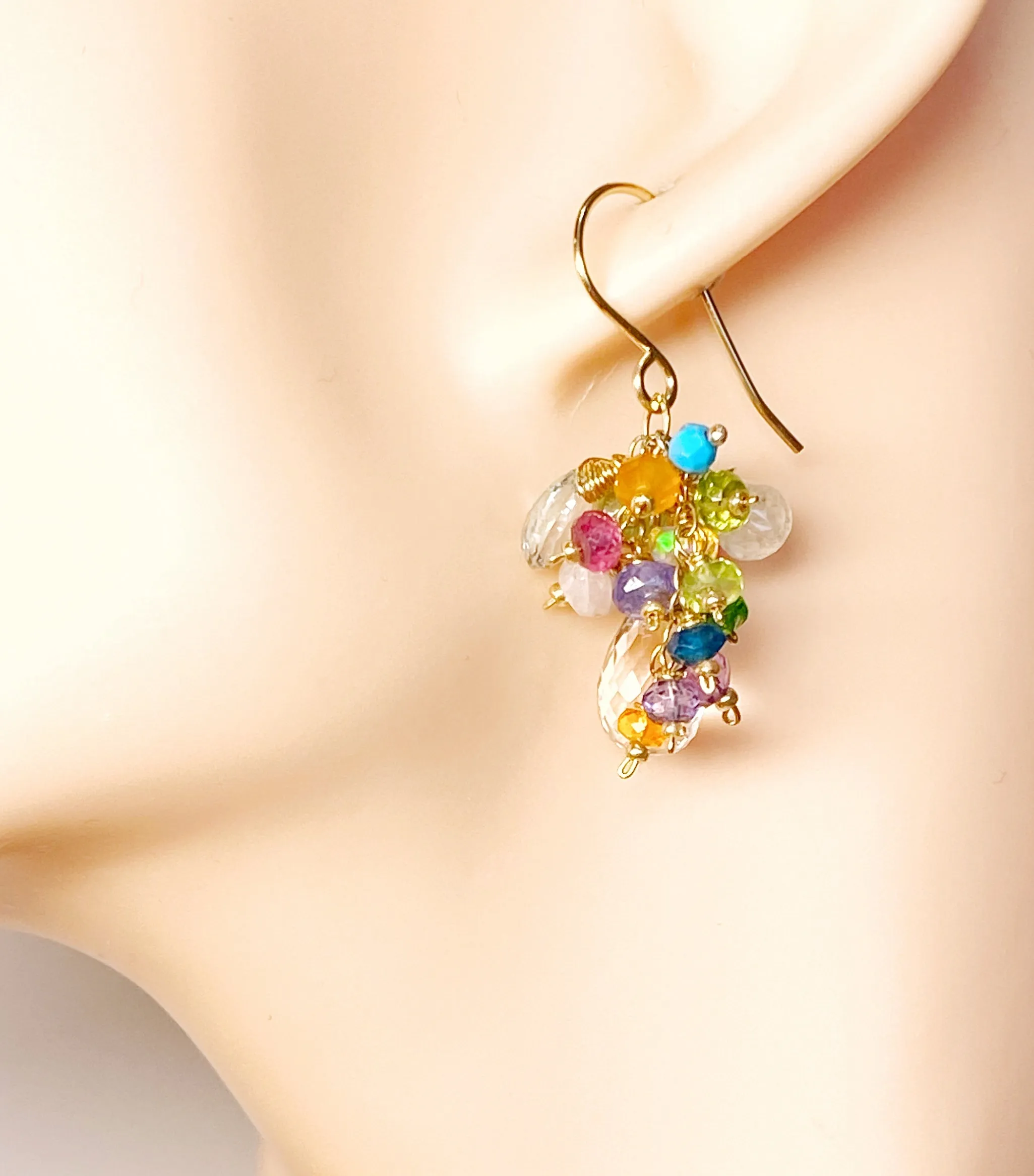 Crystal Quartz Dangle Earrings with Multi Gemstone Cluster 5