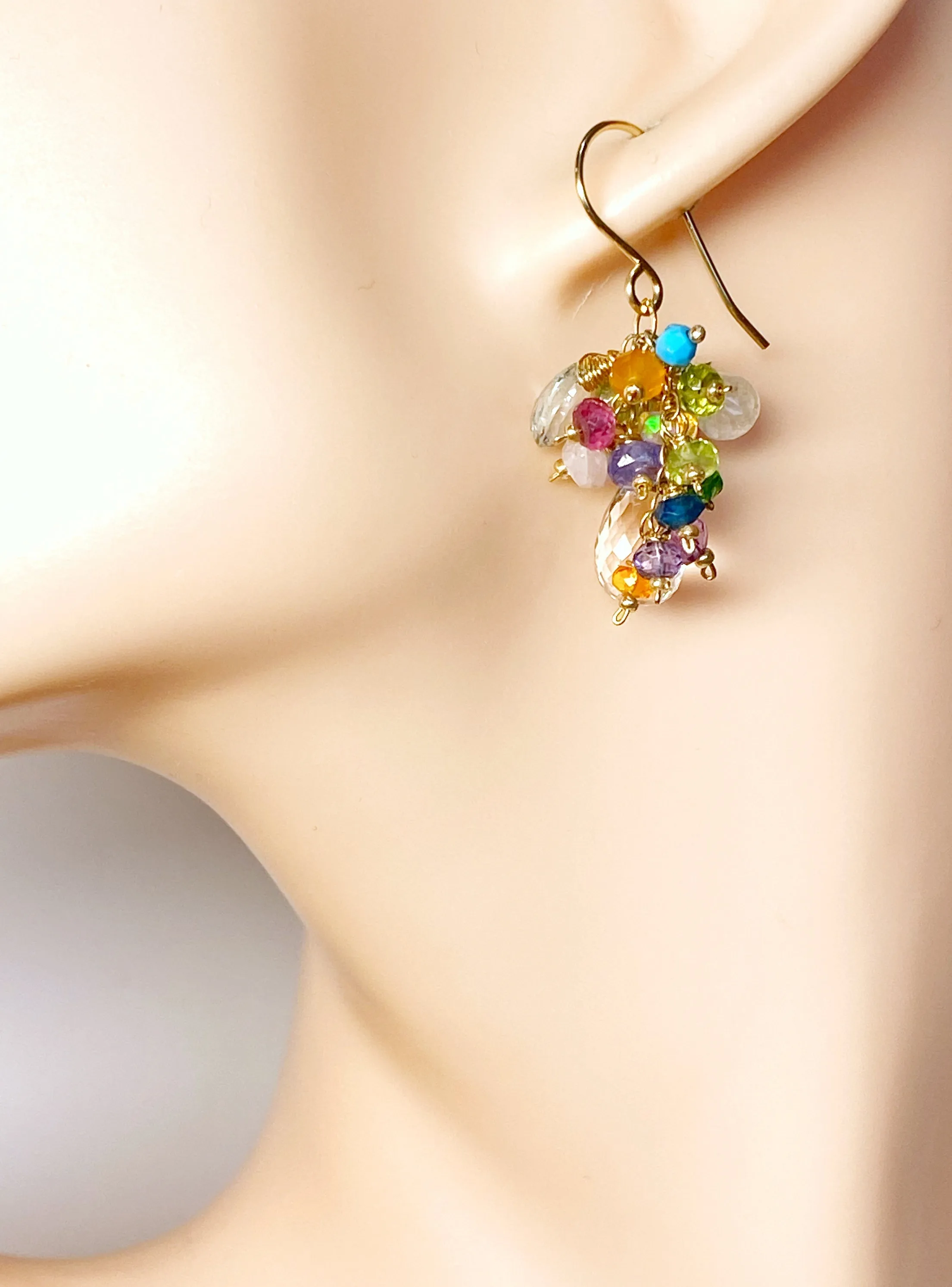 Crystal Quartz Dangle Earrings with Multi Gemstone Cluster 5
