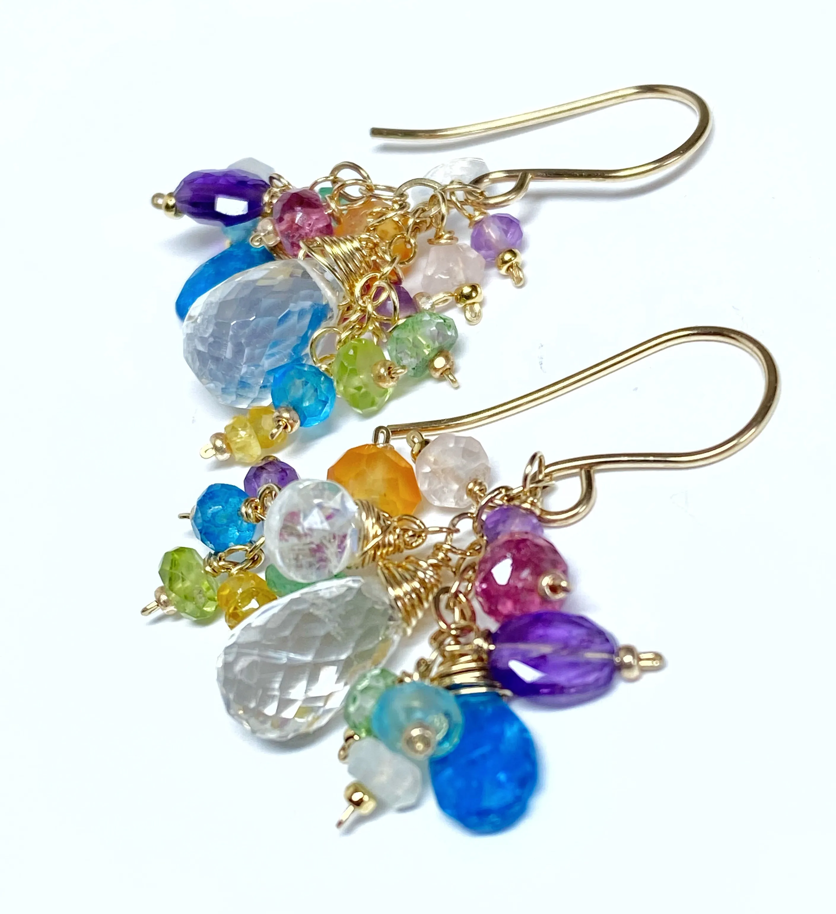 Crystal Quartz Dangle Earrings with Multi Gemstone Cluster Gold Fill 8