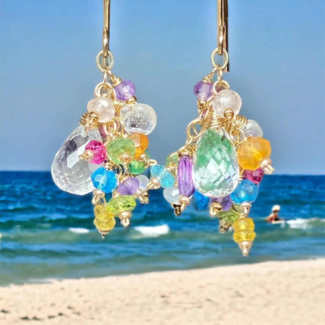 Crystal Quartz Dangle Earrings with Multi Gemstone Cluster Gold Fill 8