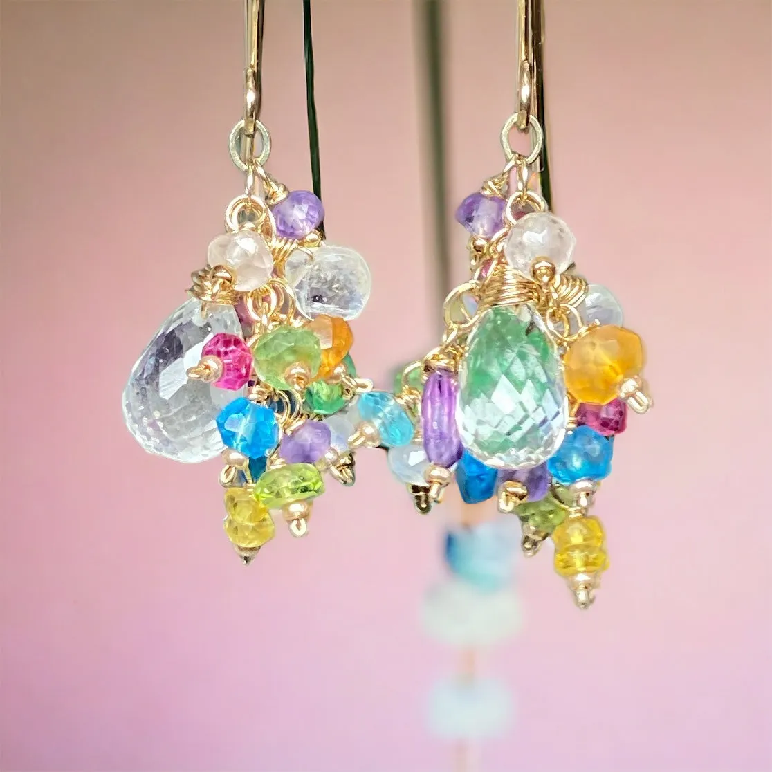 Crystal Quartz Dangle Earrings with Multi Gemstone Cluster Gold Fill 8