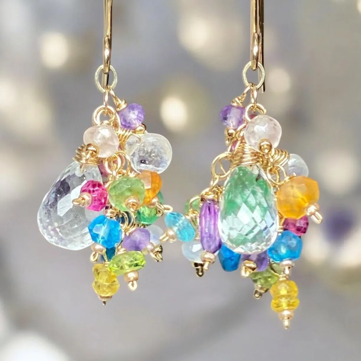 Crystal Quartz Dangle Earrings with Multi Gemstone Cluster Gold Fill 8
