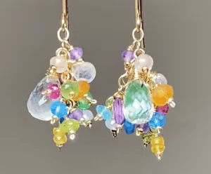 Crystal Quartz Dangle Earrings with Multi Gemstone Cluster Gold Fill 8