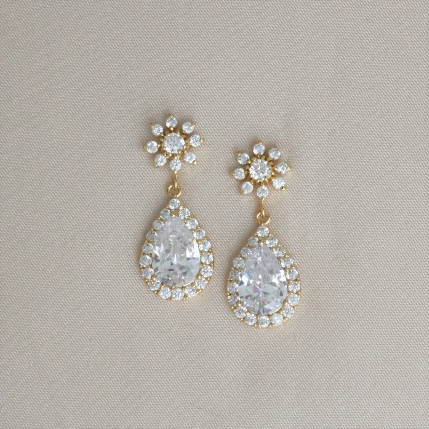 Cubic Zirconia Gold Flower Post Teardrop Dangle Earrings