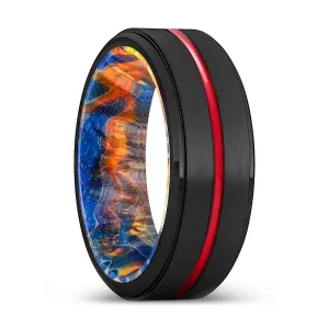 CYCLONE | Blue & Yellow/Orange Wood, Black Tungsten Ring, Red Groove, Stepped Edge