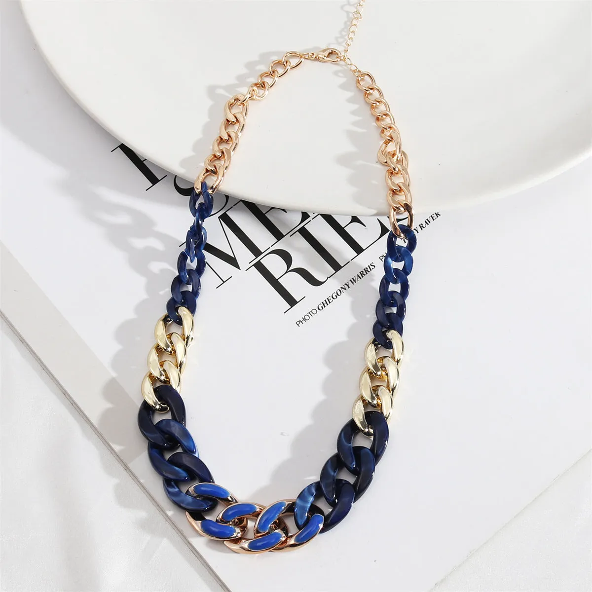 Dark Blue Resin & Enamel 18K Gold-Plated Chunky Curb Chain