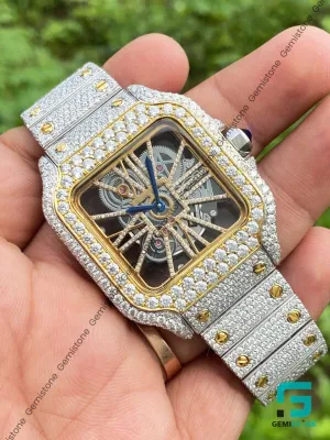 DEF VVS Diamond Studded Skeleton Stainless Steel Iced Two-Tone Moissanite Watch