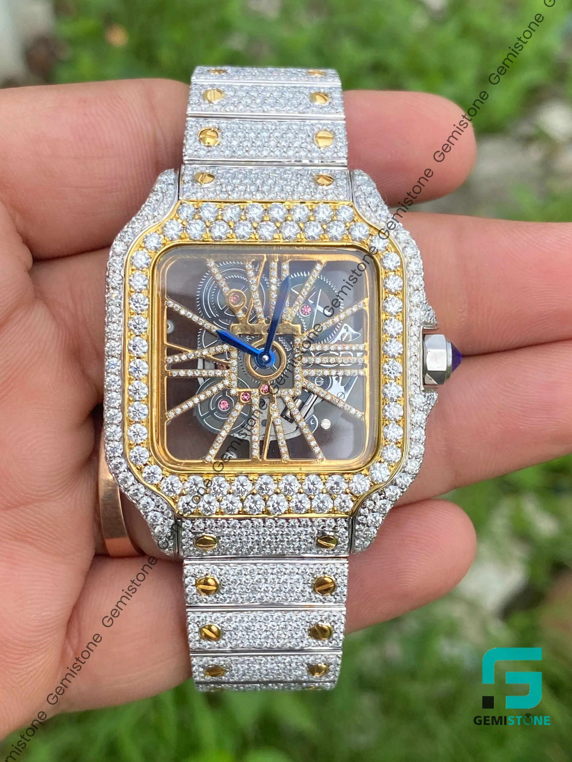 DEF VVS Diamond Studded Skeleton Stainless Steel Iced Two-Tone Moissanite Watch