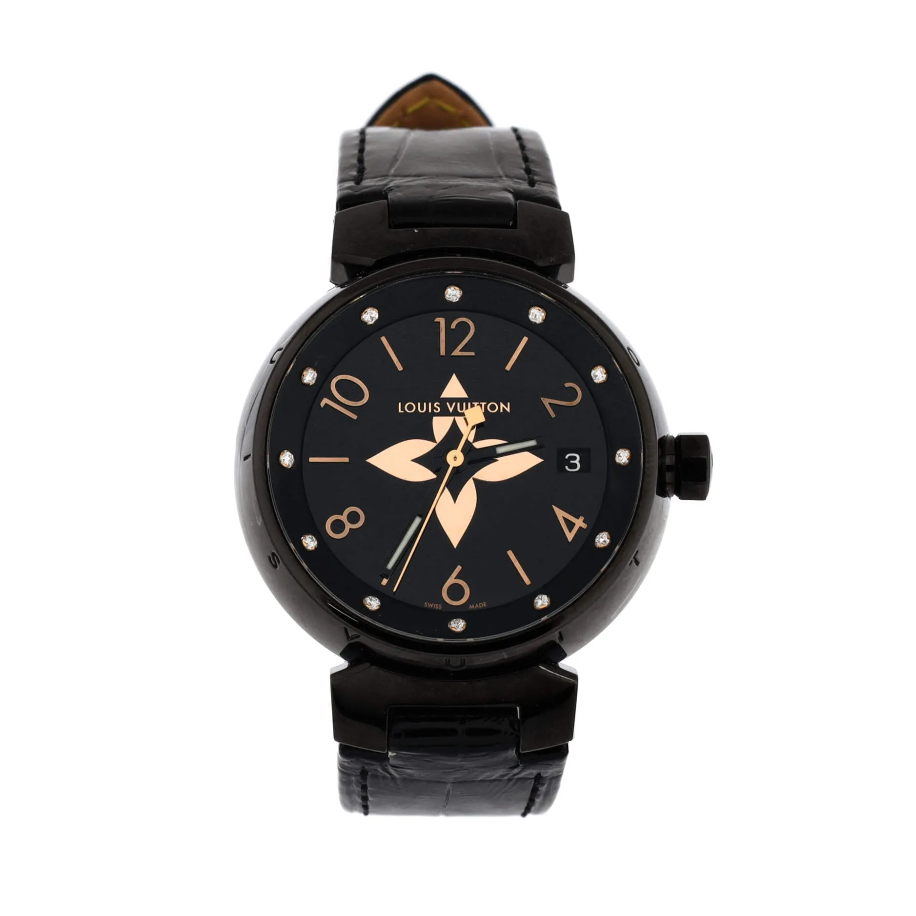 Designer Tambour All Black Quartz Watch PVD Coated Stainless Steel and Alligator with Diamond Markers 34
