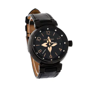 Designer Tambour All Black Quartz Watch PVD Coated Stainless Steel and Alligator with Diamond Markers 34