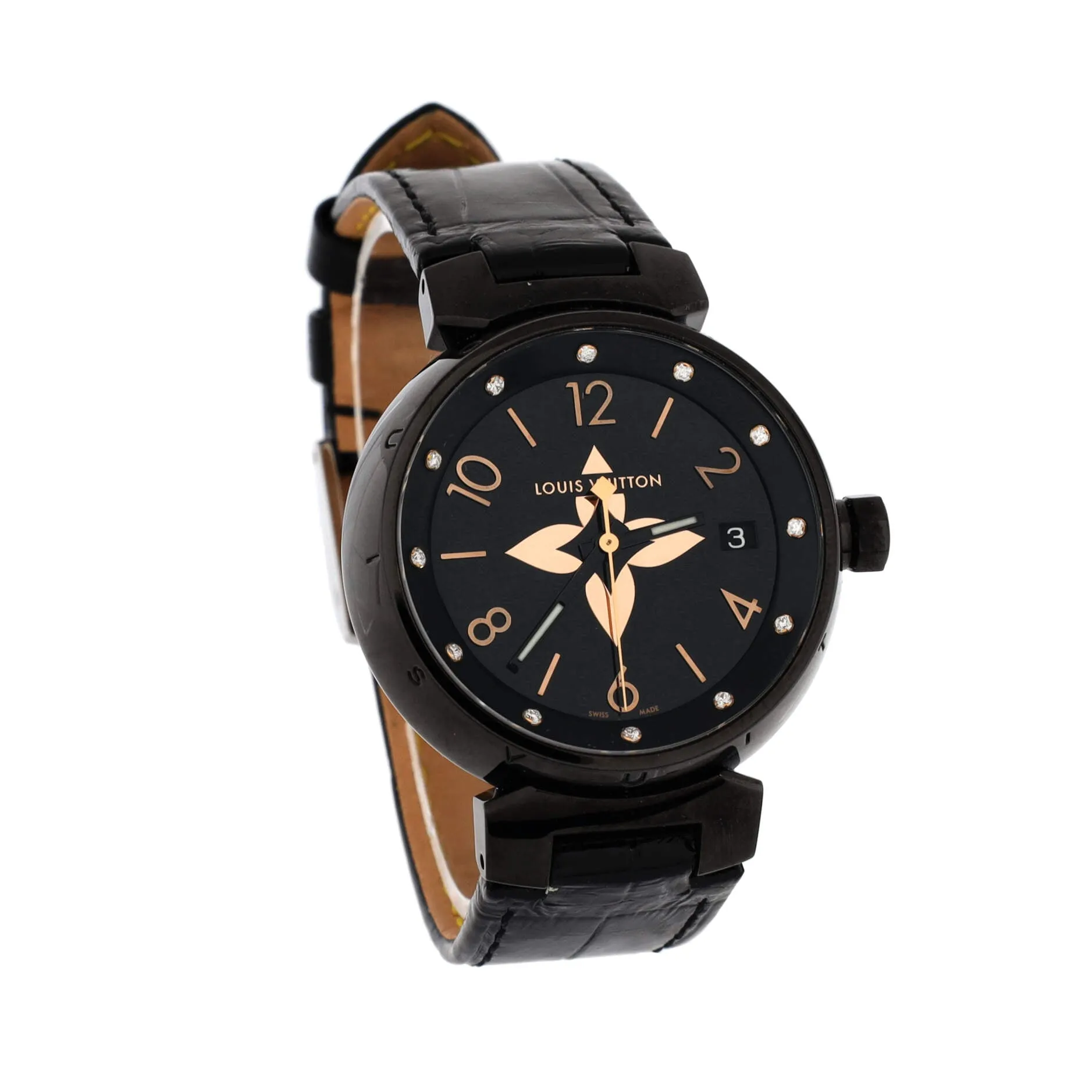 Designer Tambour All Black Quartz Watch PVD Coated Stainless Steel and Alligator with Diamond Markers 34