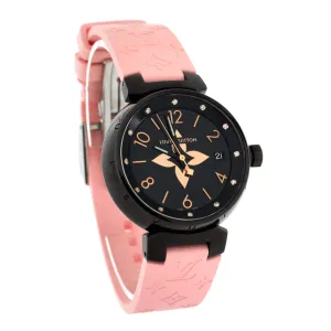 Designer Tambour All Black Quartz Watch PVD Coated Stainless Steel and Monogram Rubber with Diamond Markers 34