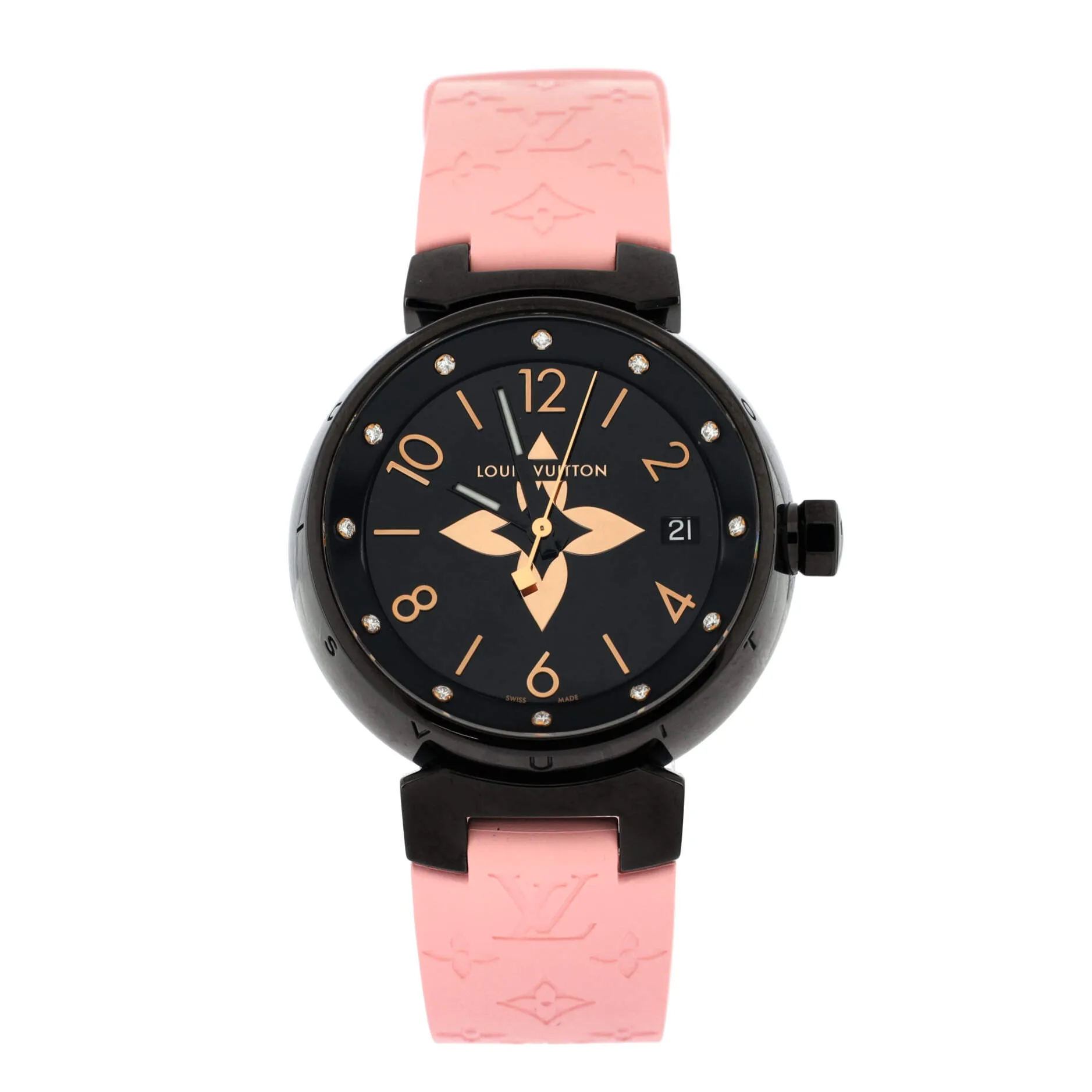 Designer Tambour All Black Quartz Watch PVD Coated Stainless Steel and Monogram Rubber with Diamond Markers 34