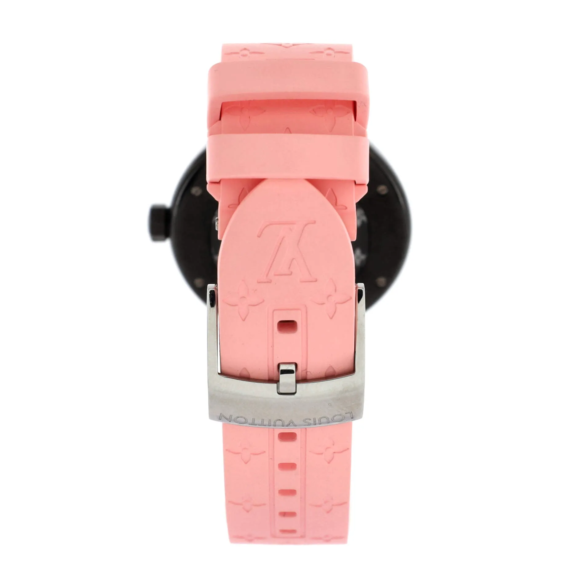 Designer Tambour All Black Quartz Watch PVD Coated Stainless Steel and Monogram Rubber with Diamond Markers 34