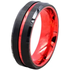 Devin Black Tungsten Wedding Ring W/ Ion Plated Red Stripe & High Polished Beveled Edges 6mm & 8mm