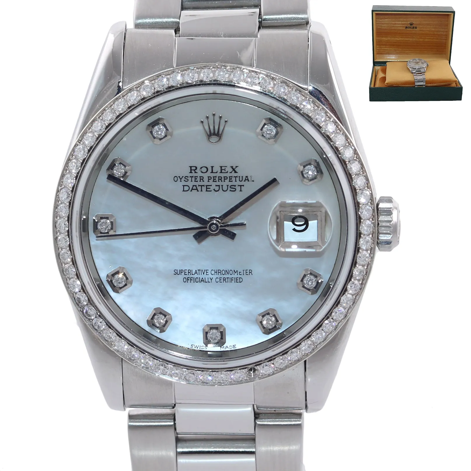 DIAMOND Bezel Rolex DateJust 36mm MOP Dial 16220 Steel White Gold Watch Box