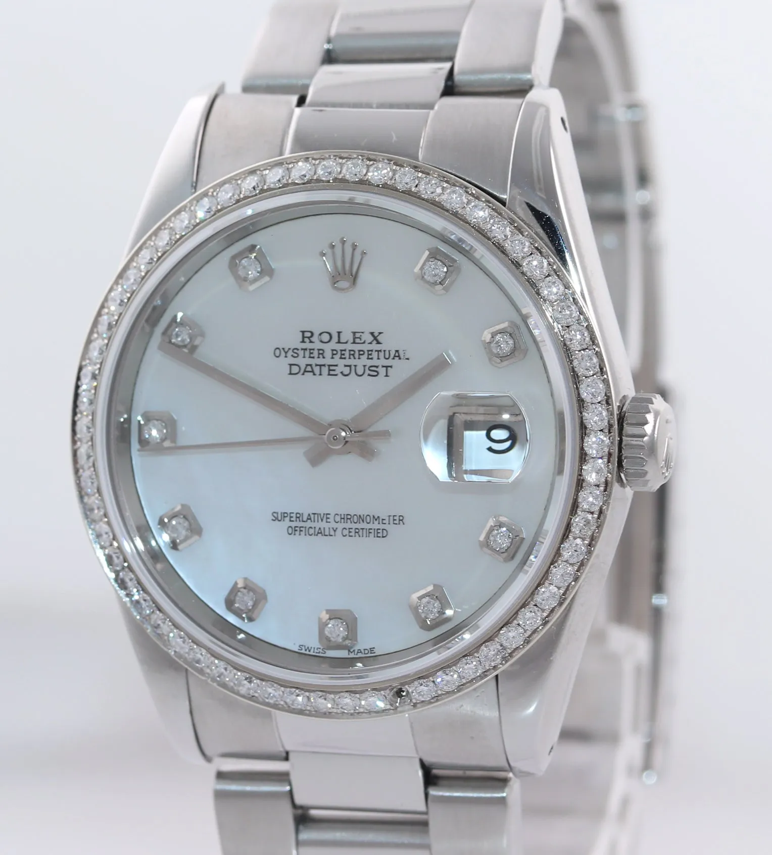 DIAMOND Bezel Rolex DateJust 36mm MOP Dial 16220 Steel White Gold Watch Box