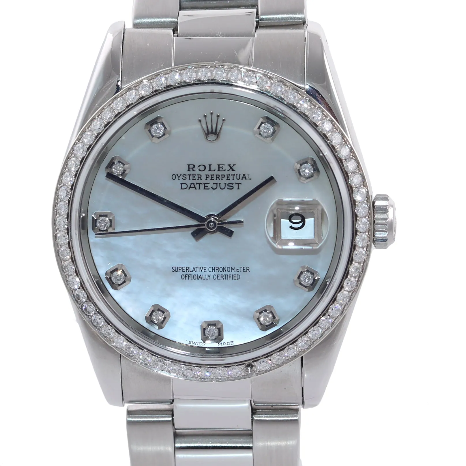 DIAMOND Bezel Rolex DateJust 36mm MOP Dial 16220 Steel White Gold Watch Box