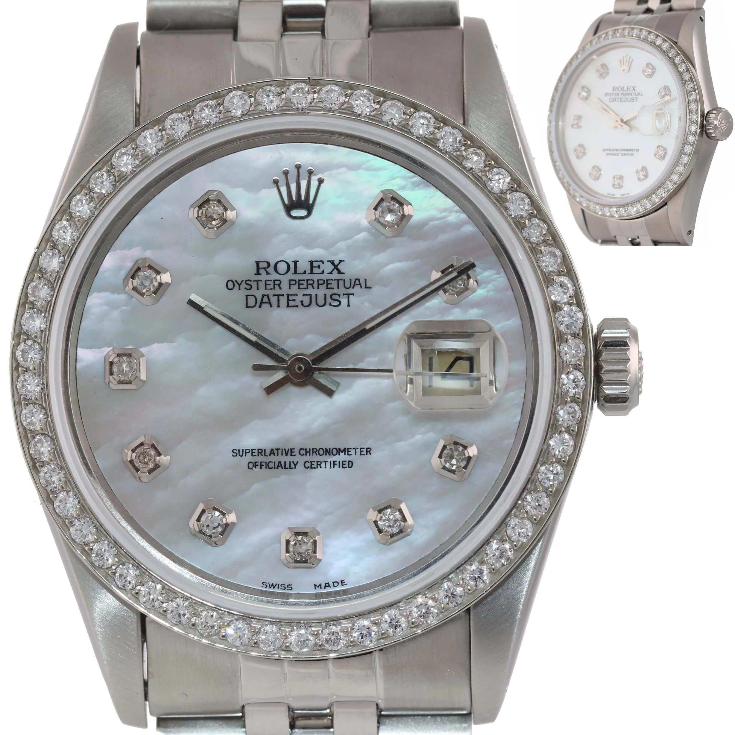 DIAMOND Bezel Rolex DateJust 36mm Stainless Steel & White Gold DIamond MOP Dial