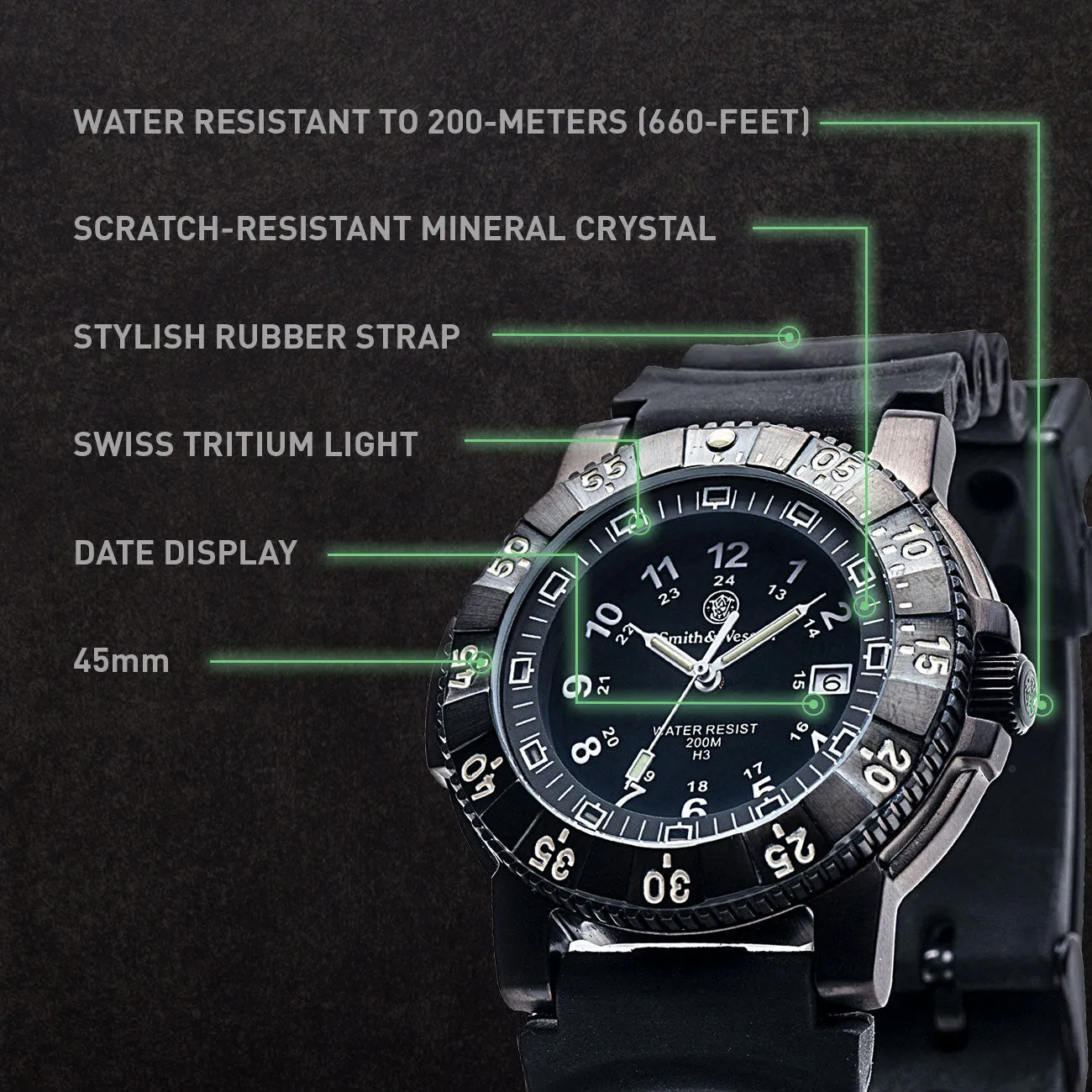 Diver Watch, Tritium, 45 mm, Black w/Rubber Strap