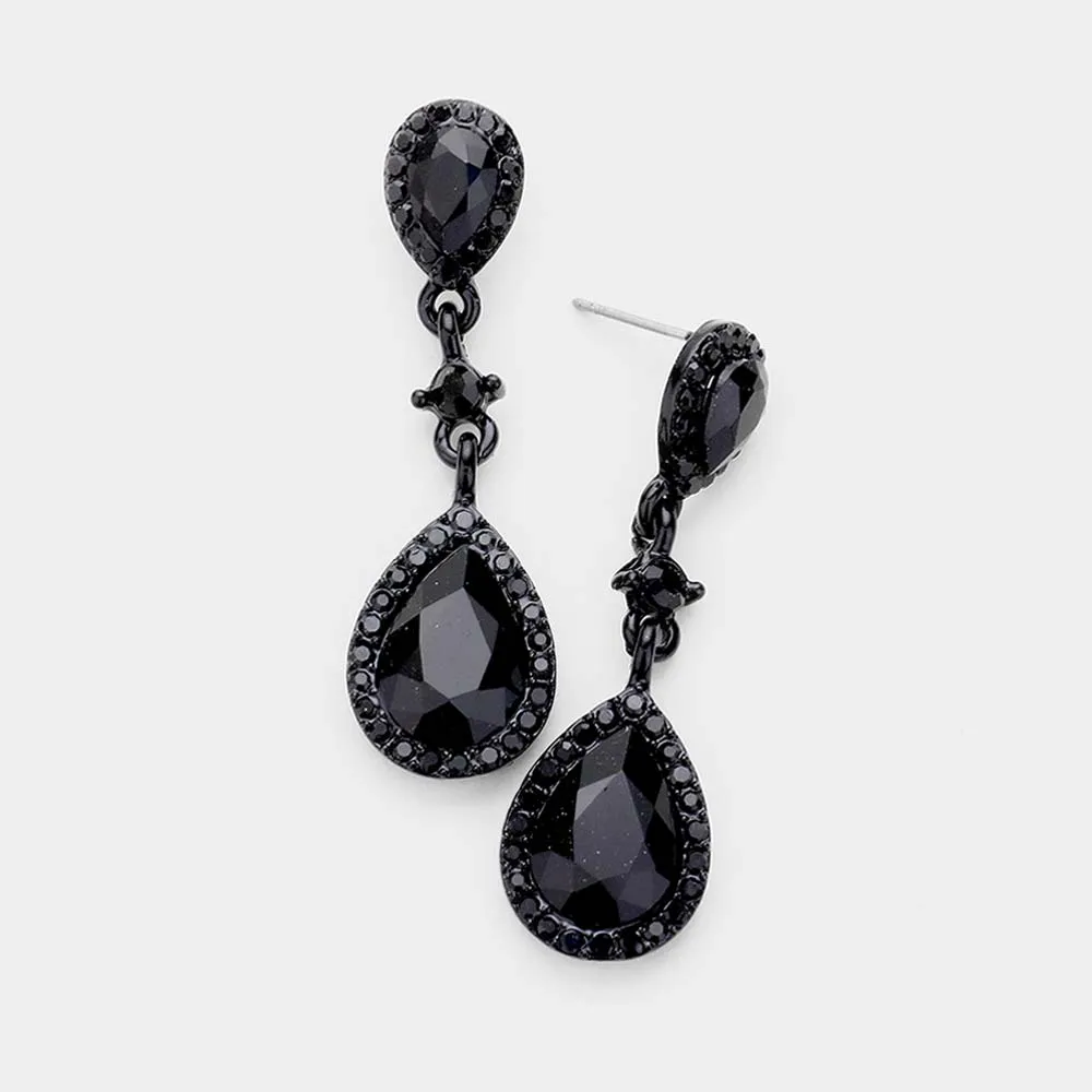 Double Jet Black Teardrop Stone Dangle Pageant Earrings | Drop Earrings |  478433