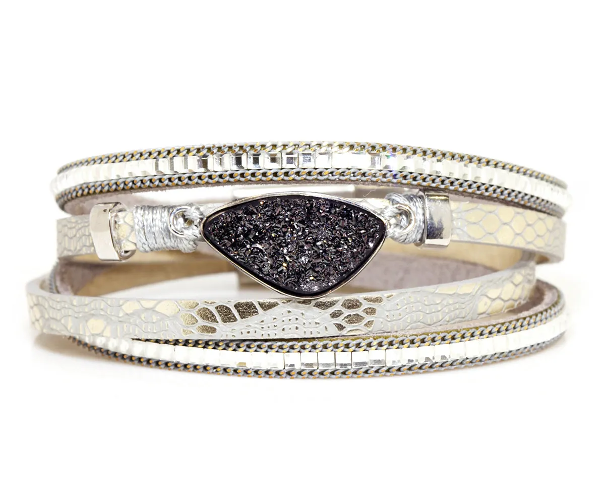 Double Wrap Black Druzy Silver Leather Bracelet