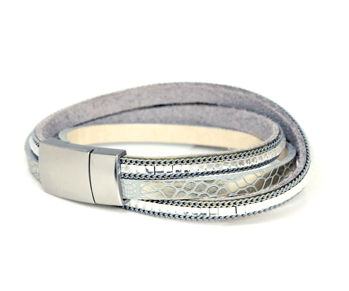 Double Wrap Black Druzy Silver Leather Bracelet