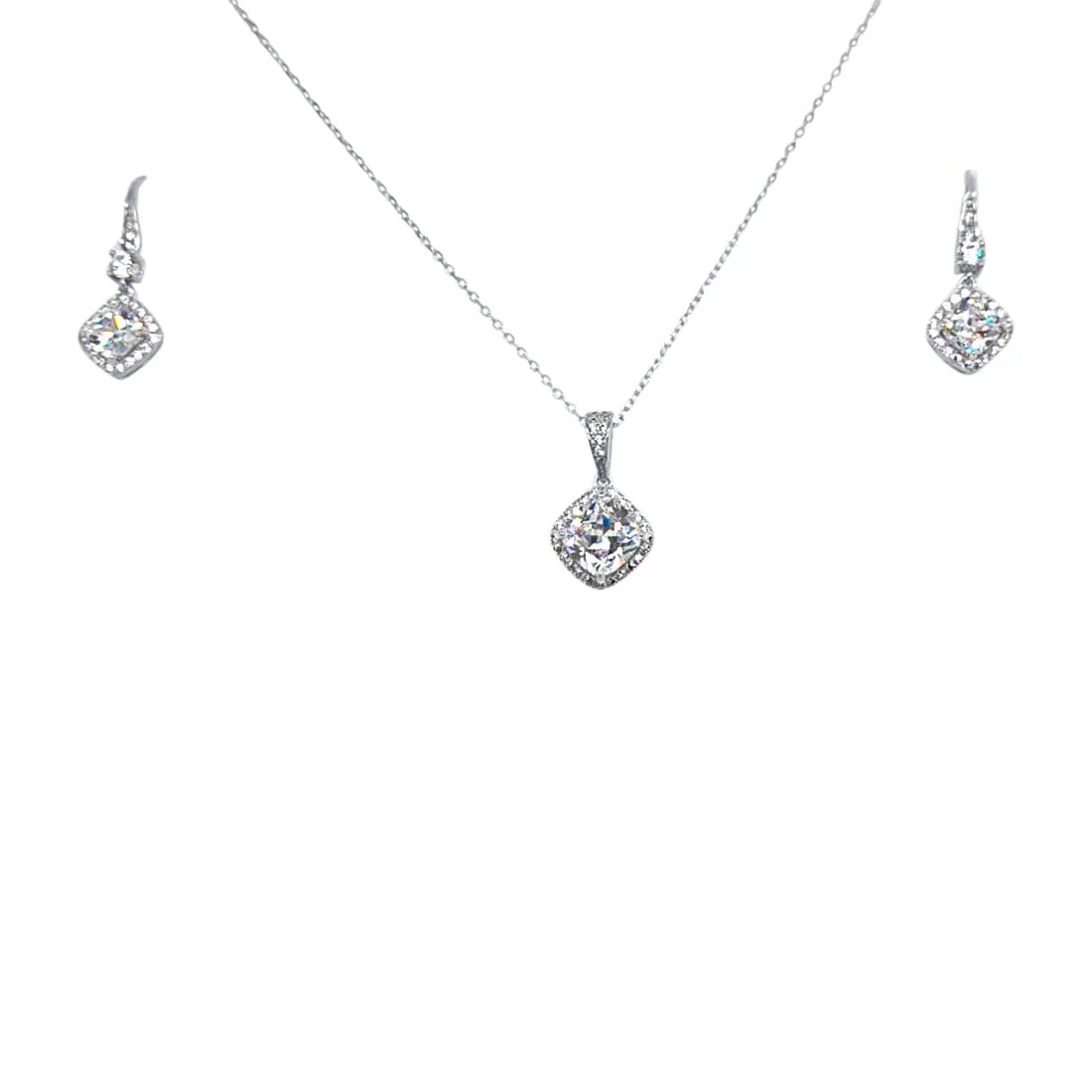 Drop Earrings and Cushion Shaped Pendant Necklace with Cubic Zirconia in Sterling Silver Jewellery Set