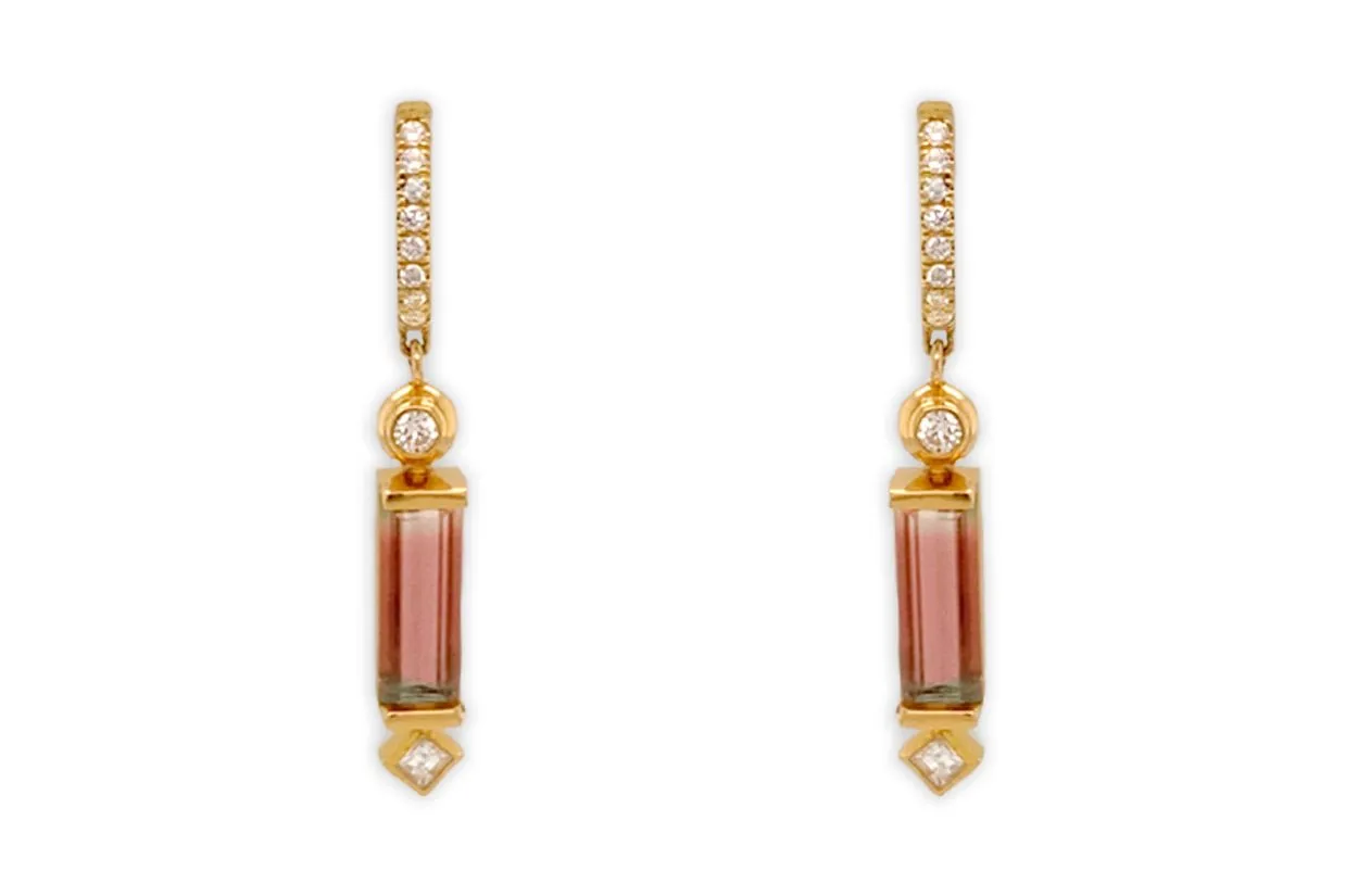 Earrings 18kt Gold Bicolor Tourmaline & Diamonds Huggies